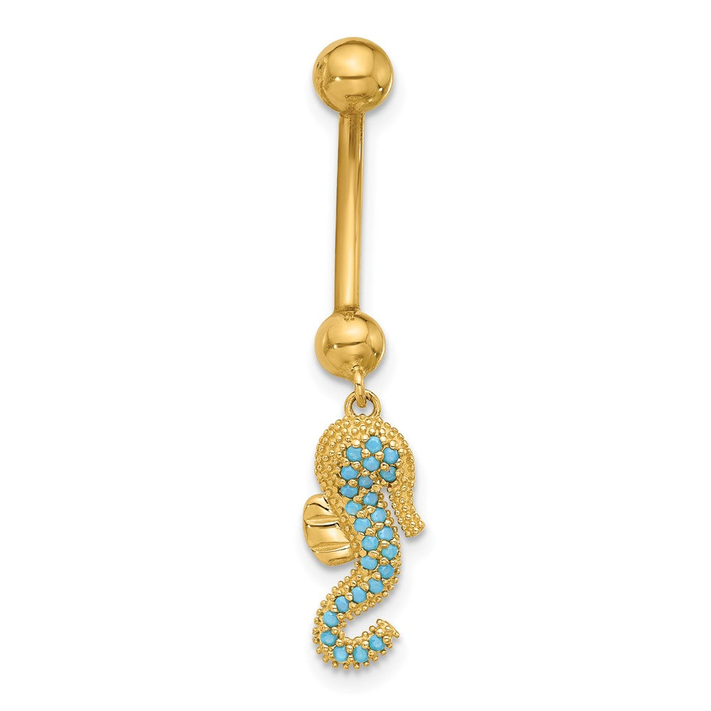 14K 14 Gauge Polished Blue CZ Seahorse Dangle Navel/Belly Ring