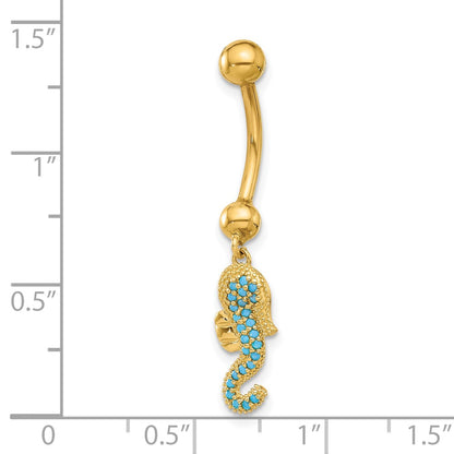 14K 14 Gauge Polished Blue CZ Seahorse Dangle Navel/Belly Ring