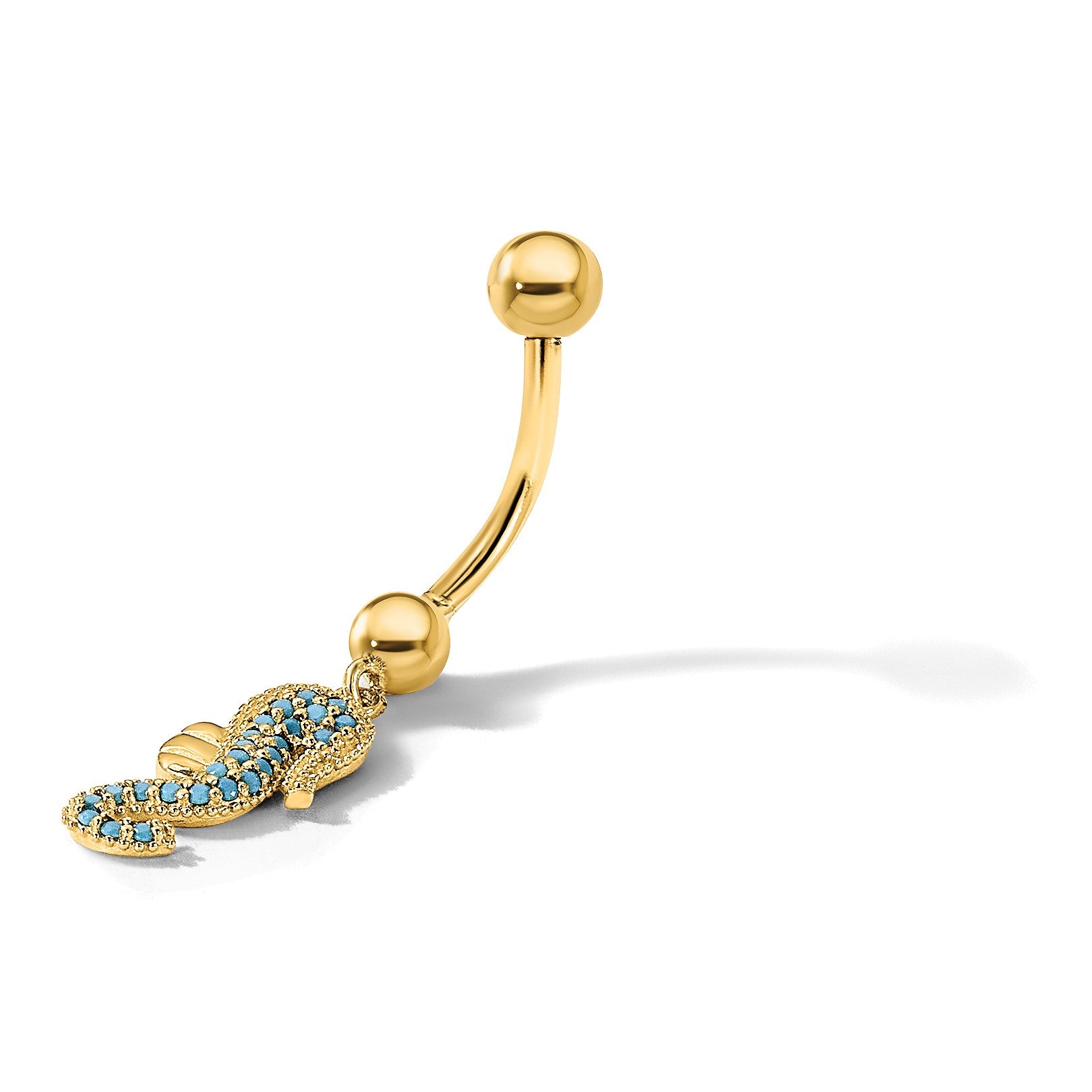 14K 14 Gauge Polished Blue CZ Seahorse Dangle Navel/Belly Ring