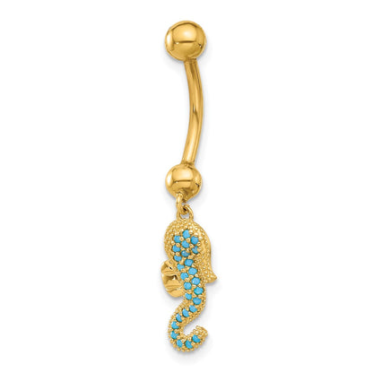 14K 14 Gauge Polished Blue CZ Seahorse Dangle Navel/Belly Ring