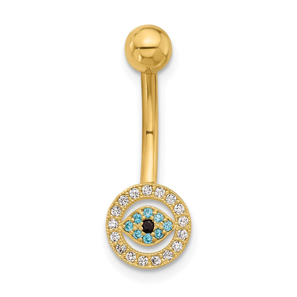 14K 14 Gauge Polished Multi-color CZ Evil Eye Navel/Belly Ring