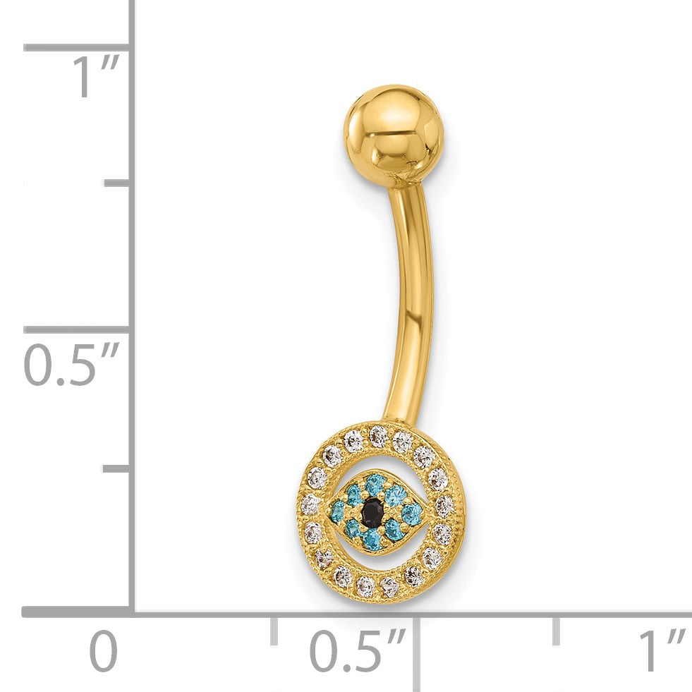 14K 14 Gauge Polished Multi-color CZ Evil Eye Navel/Belly Ring