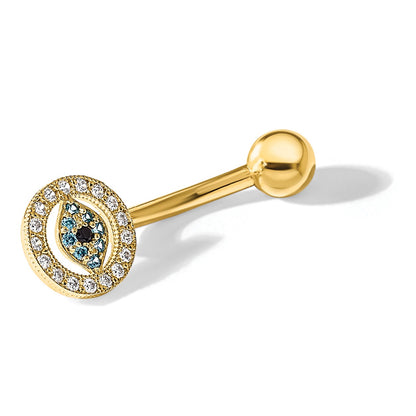 14K 14 Gauge Polished Multi-color CZ Evil Eye Navel/Belly Ring