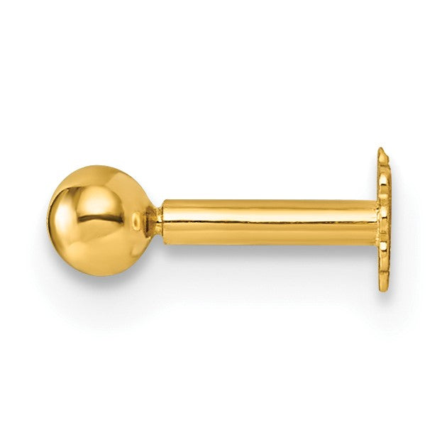 14K 16 Gauge Polished 3mm Ball Labret Stud