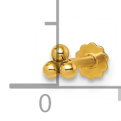 14K 16 Gauge Polished Triple Ball Labret Stud