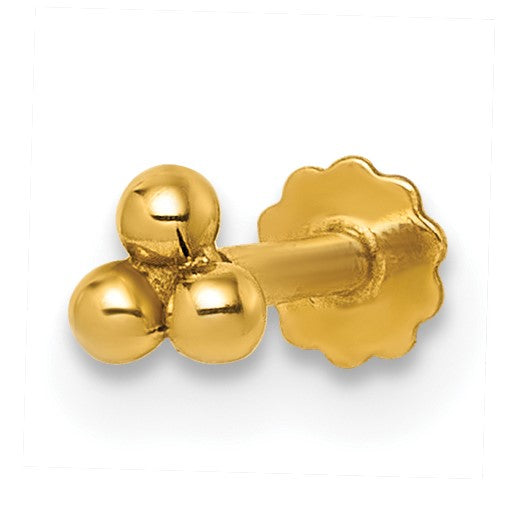 14K 16 Gauge Polished Triple Ball Labret Stud