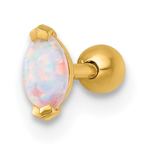 14k 18 Gauge Polished Navette Lab Created Opal Labret Stud