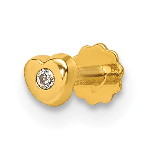 14K 16 Gauge Polished CZ Heart Labret Stud