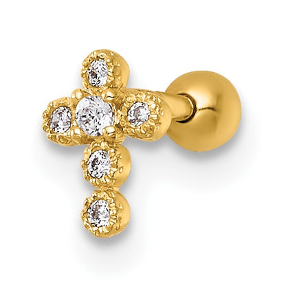 14k 18 Gauge Polished CZ Cross Labret Stud