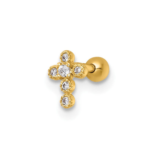 14k 18 Gauge Polished CZ Cross Labret Stud