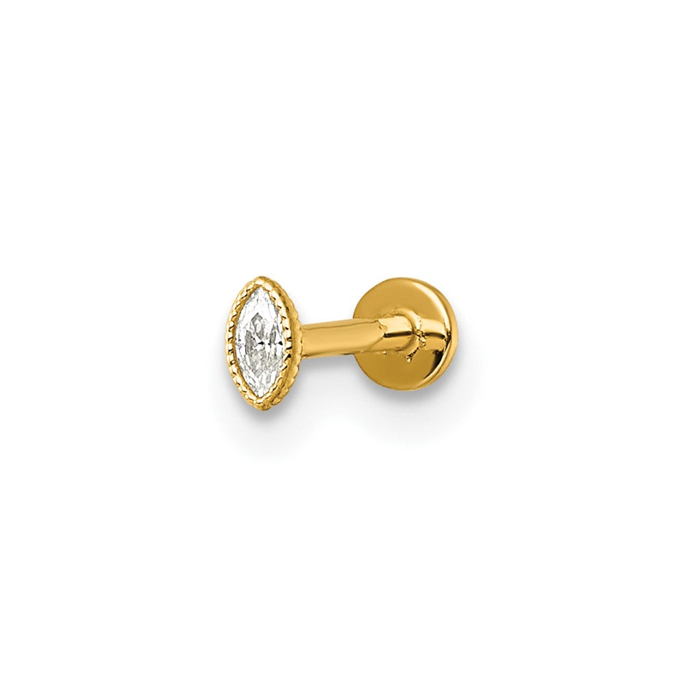 14k 18 Gauge Polished and Textured Marquise-cut CZ Labret Stud