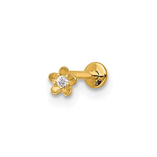 14k 18 Gauge Polished and Satin CZ Flower Labret Stud