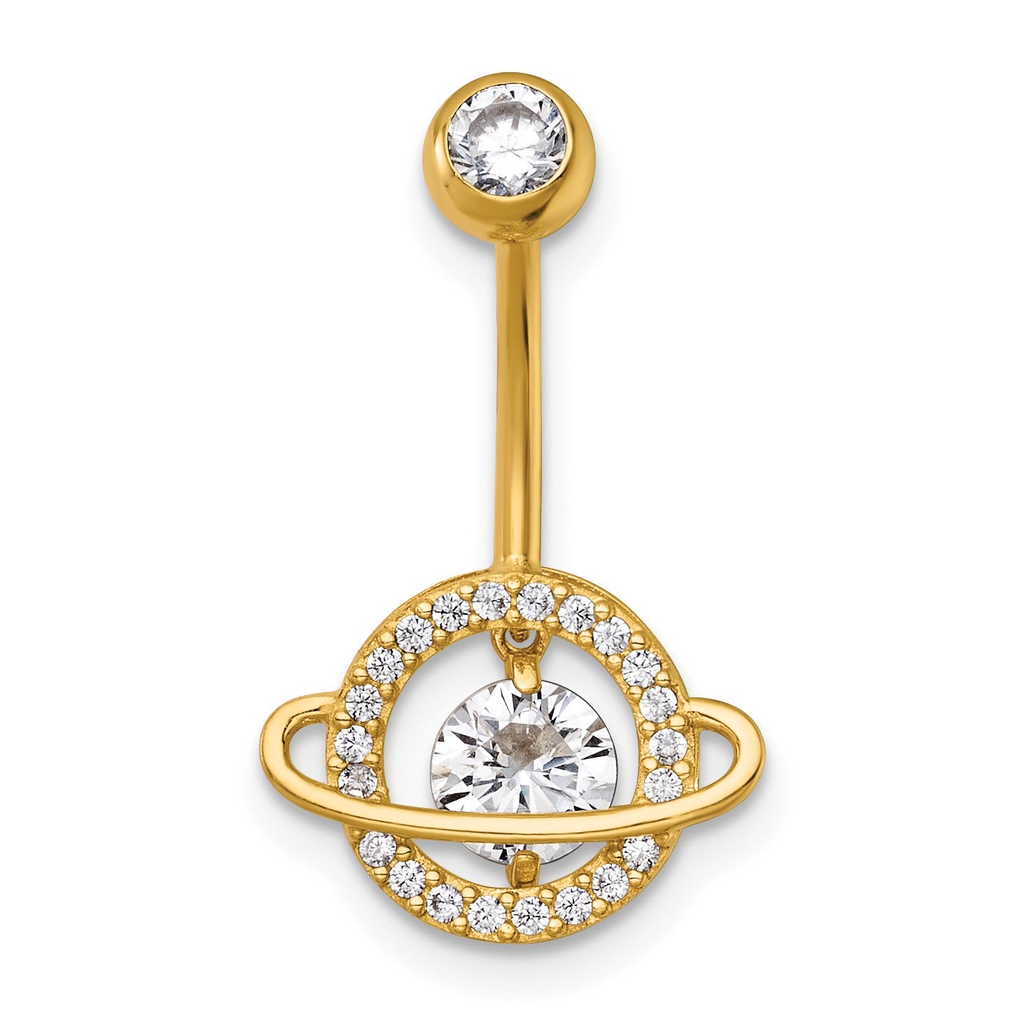 14k 16 Gauge Polished Moving/Vibrant CZ Saturn/Planet Navel Ring