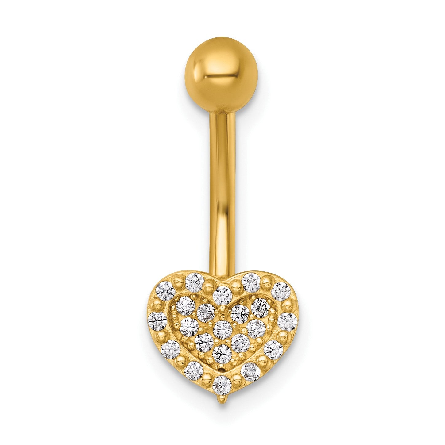 14k 14 Gauge Polished Pave CZ Heart Navel Ring