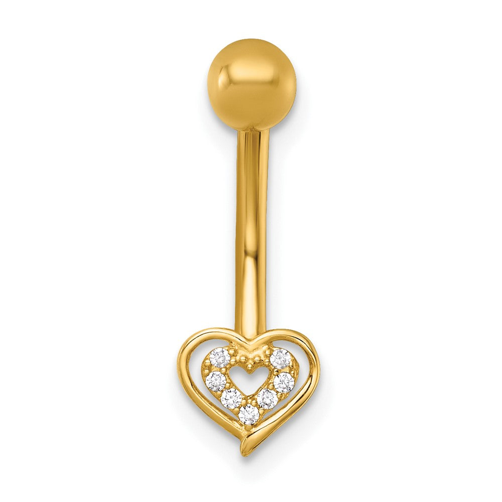 14k 14 Gauge Polished CZ Double Heart Navel Ring