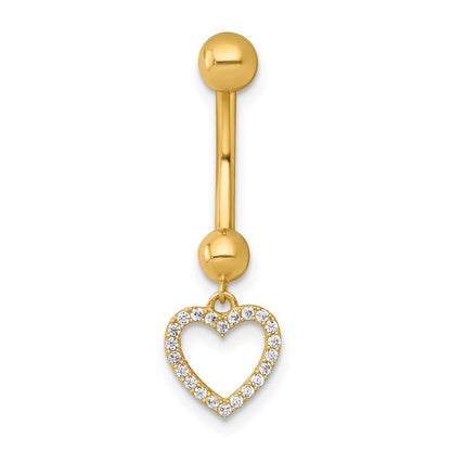 14k 14 Gauge Polished CZ Dangling Open Heart Navel Ring