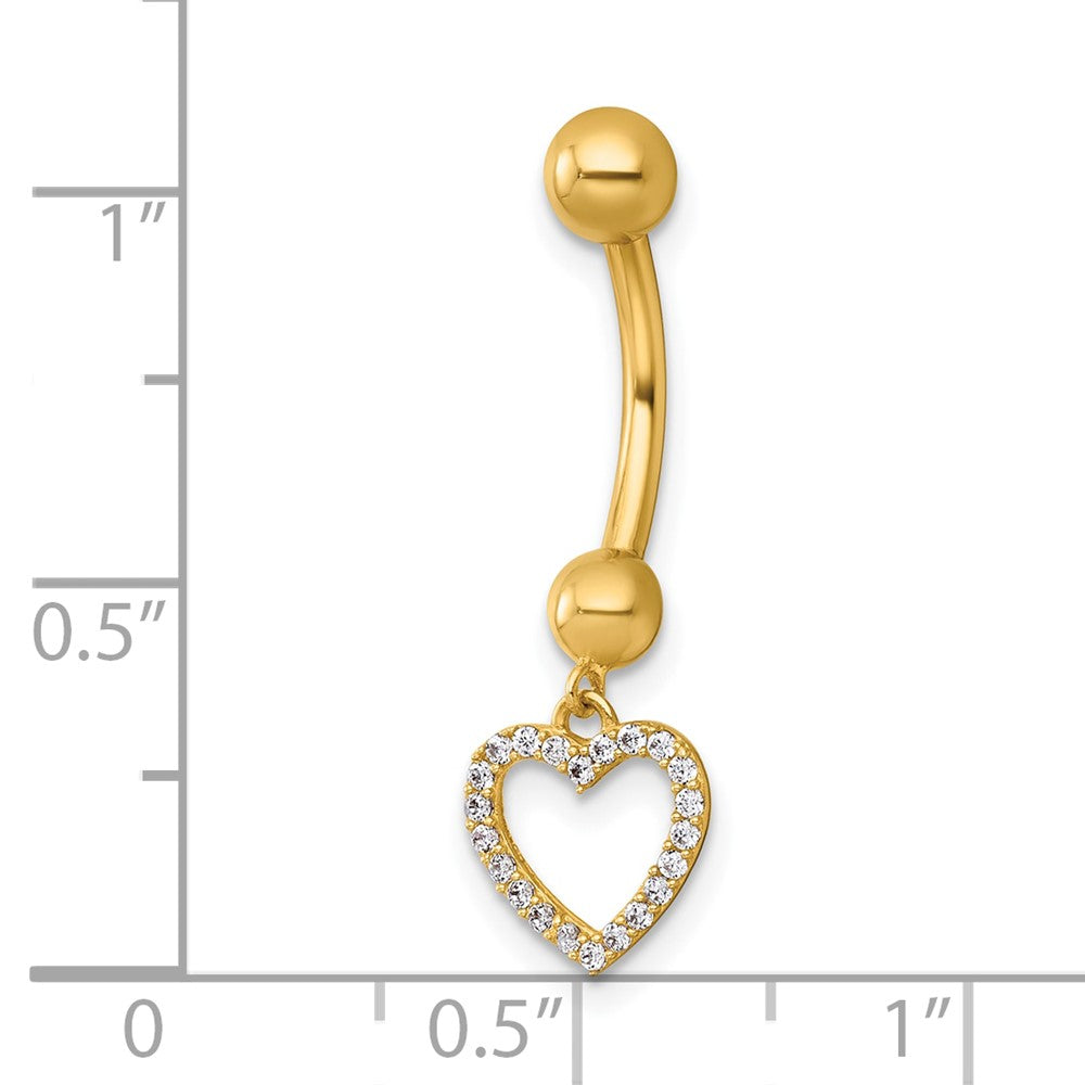 14k 14 Gauge Polished CZ Dangling Open Heart Navel Ring