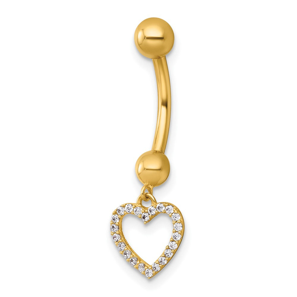 14k 14 Gauge Polished CZ Dangling Open Heart Navel Ring