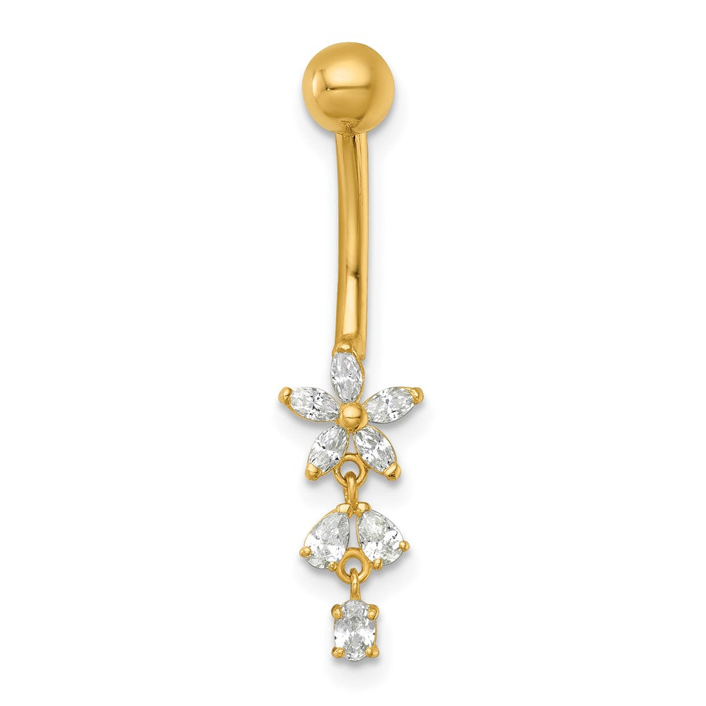 14k 14 Gauge Polished CZ Dangling Flower Navel Ring