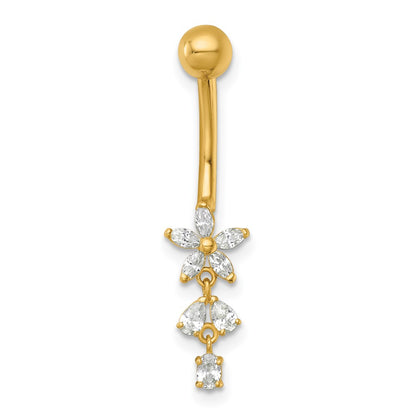 14k 14 Gauge Polished CZ Dangling Flower Navel Ring