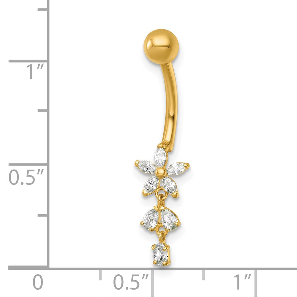 14k 14 Gauge Polished CZ Dangling Flower Navel Ring