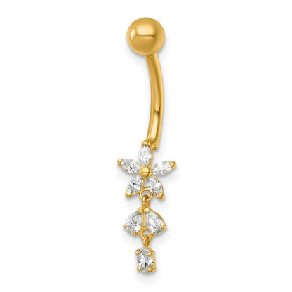 14k 14 Gauge Polished CZ Dangling Flower Navel Ring