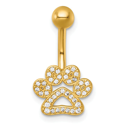 14k 14 Gauge Polished CZ Pawprint Navel Ring