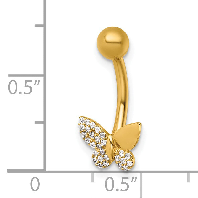 14k 14 Gauge Polished CZ Butterfly Navel Ring