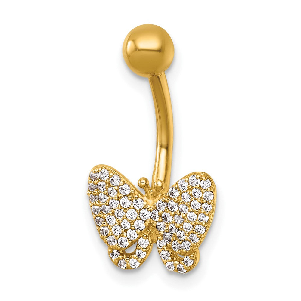 14k 14 Gauge Polished Pave CZ Butterfly Navel Ring