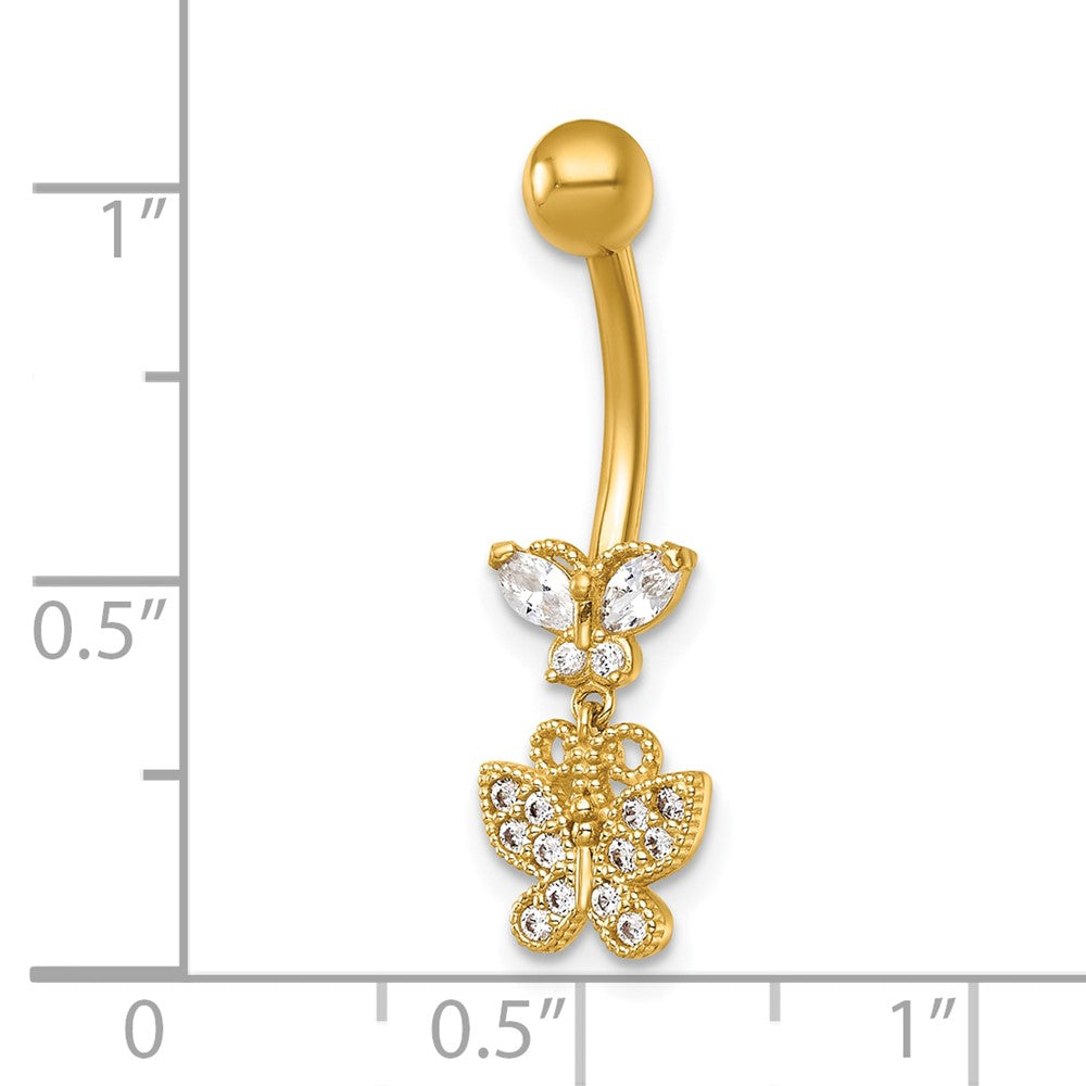 14k 14 Gauge Polished and Beaded CZ Dangling Butterfly Navel Ring