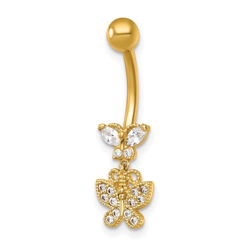 14k 14 Gauge Polished and Beaded CZ Dangling Butterfly Navel Ring