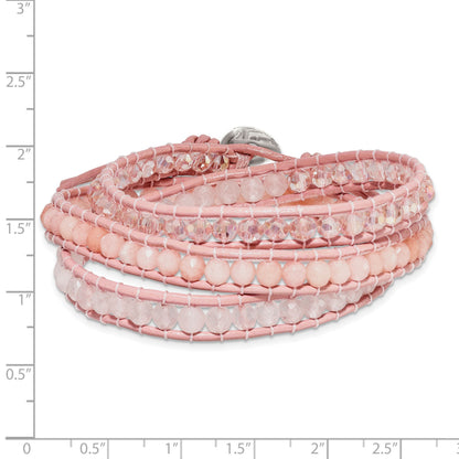 Leather Rose/Pink Quartz Crystal Multi Wrap/ Button Bracelet