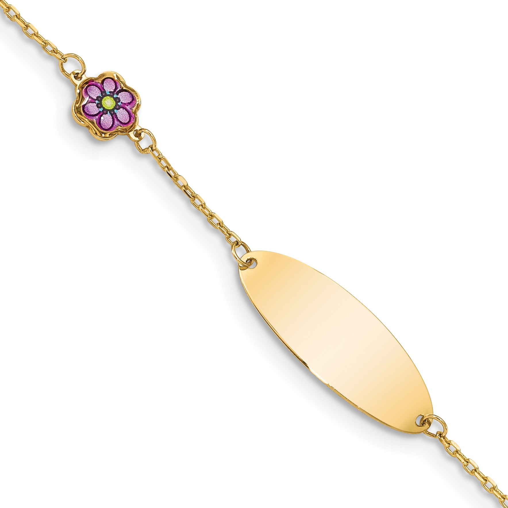 14K Polished Purple Enamel Flower and 20x7mm Plate 5.5 inch Baby/Child ID Bracelet with 0.5 inch Extender