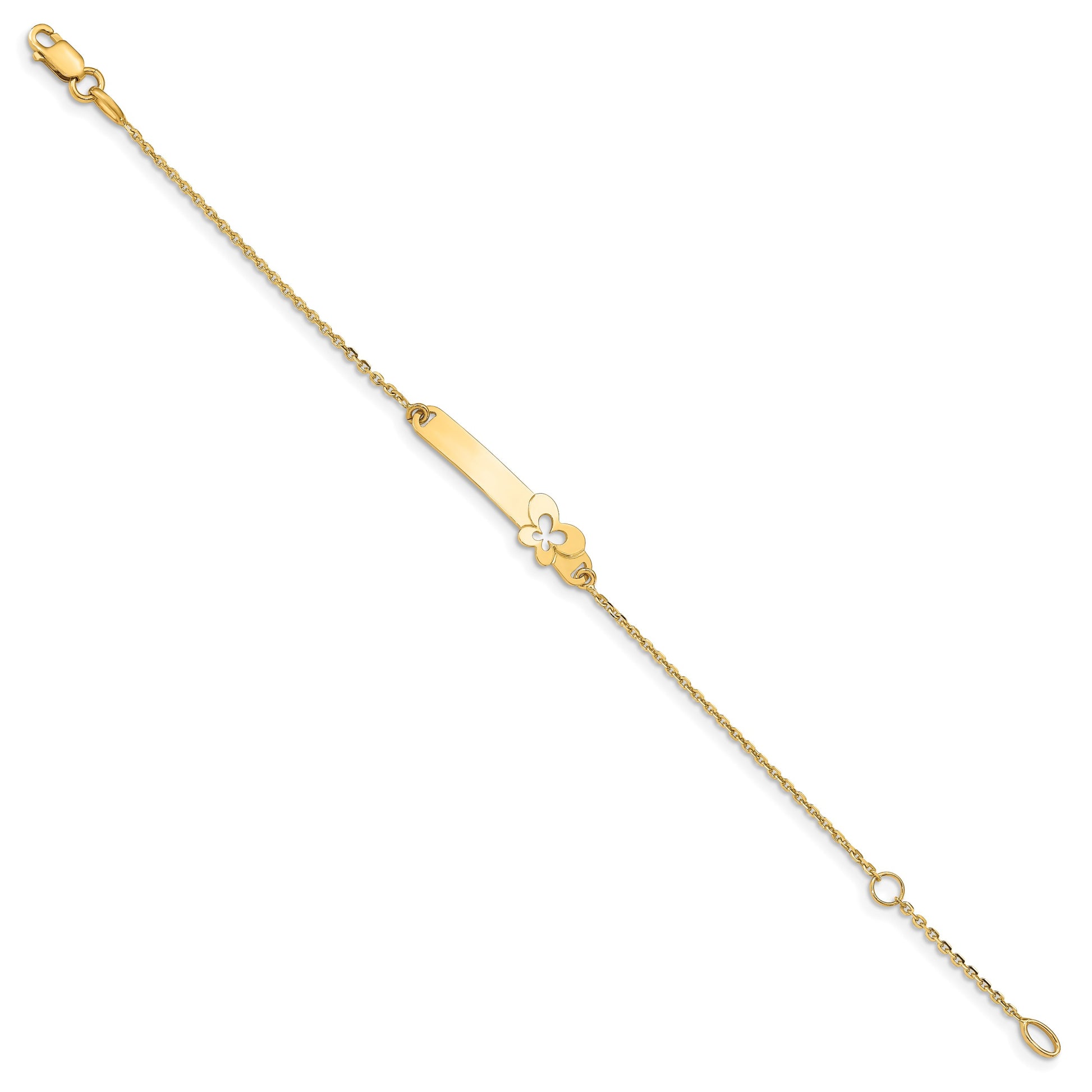14K Polished Solid Chain/Solid Plate Butterfly 27.5x6.5mm Plate 5.5 inch Baby/Child ID Bracelet with 1 inch Extender