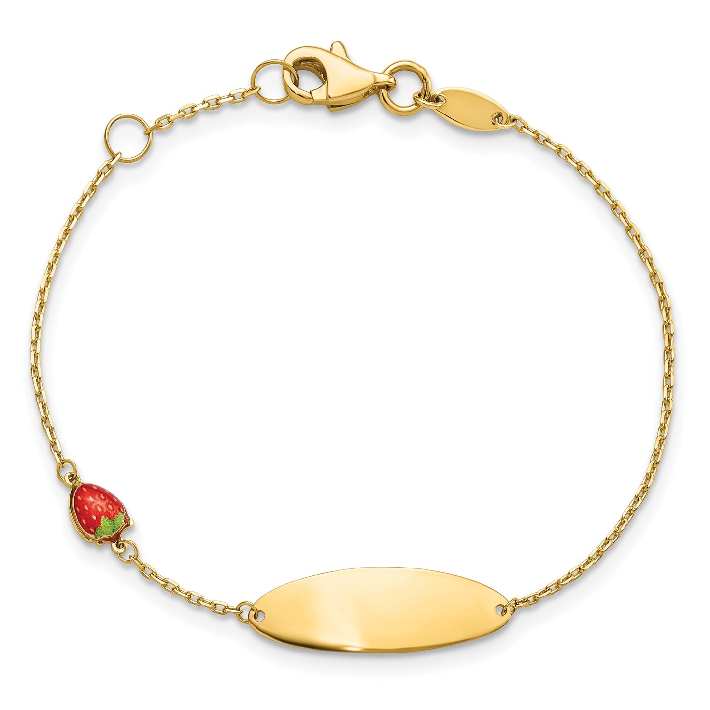 14k Red Enameled Strawberry and 7x20mm Oval 5.5 inch with 0.5 inch Extender Baby ID Bracelet