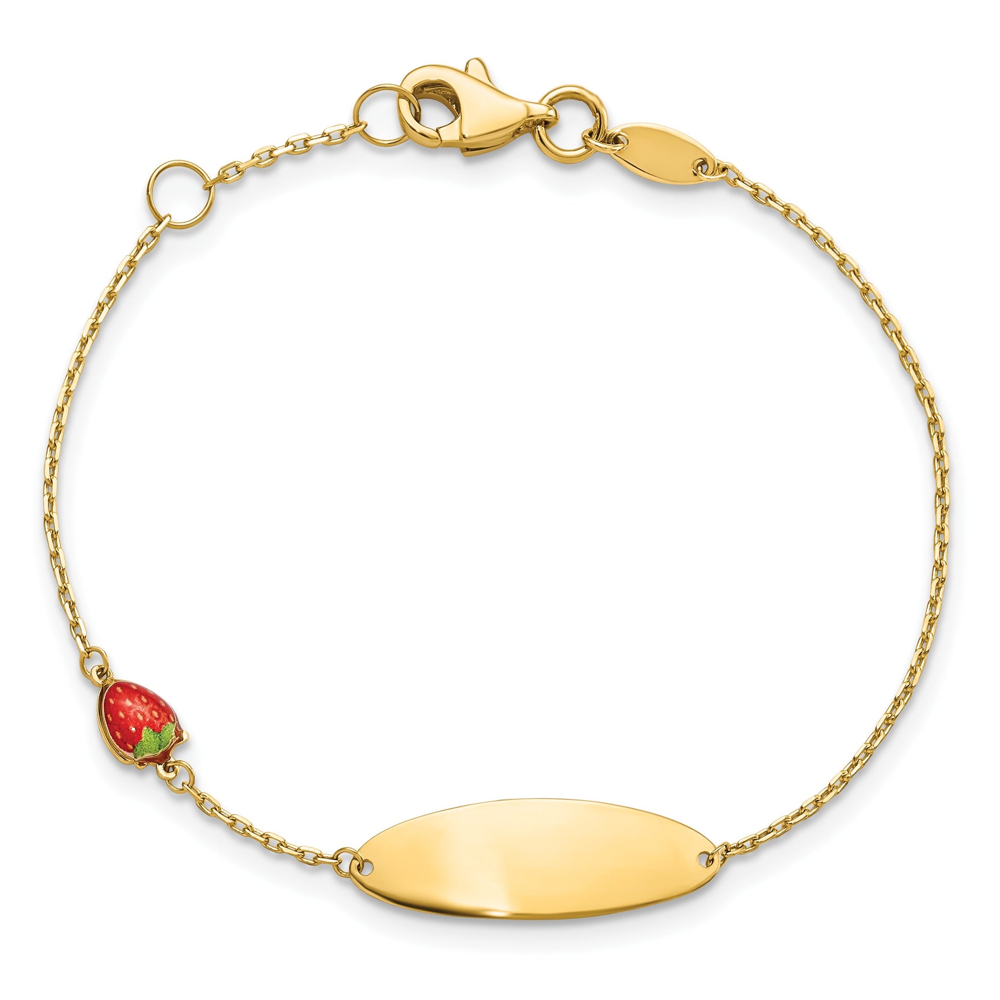 14k Red Enameled Strawberry and 7x20mm Oval 5.5 inch with 0.5 inch Extender Baby ID Bracelet