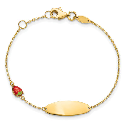 14k Red Enameled Strawberry and 7x20mm Oval 5.5 inch with 0.5 inch Extender Baby ID Bracelet