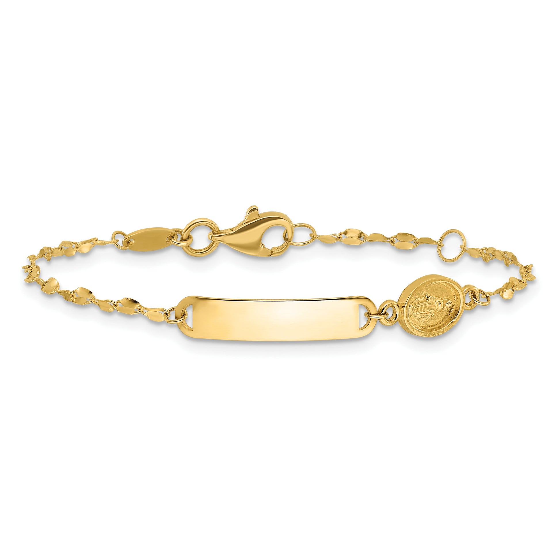 14K Polished Miraculous Medal and 19x4mm Plate 6 inch Baby/Child ID Bracelet