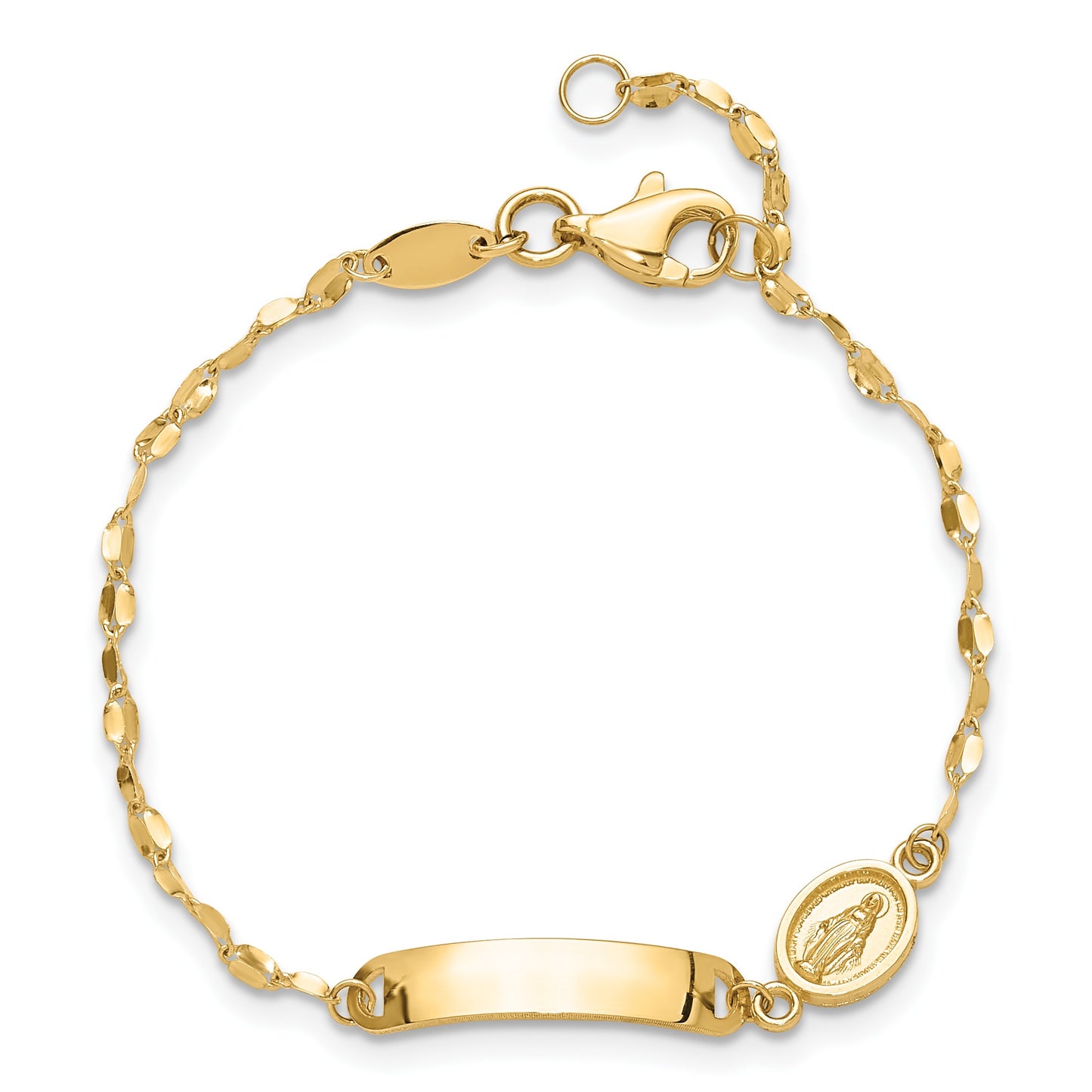 14K Polished Miraculous Medal and 19x4mm Plate 6 inch Baby/Child ID Bracelet