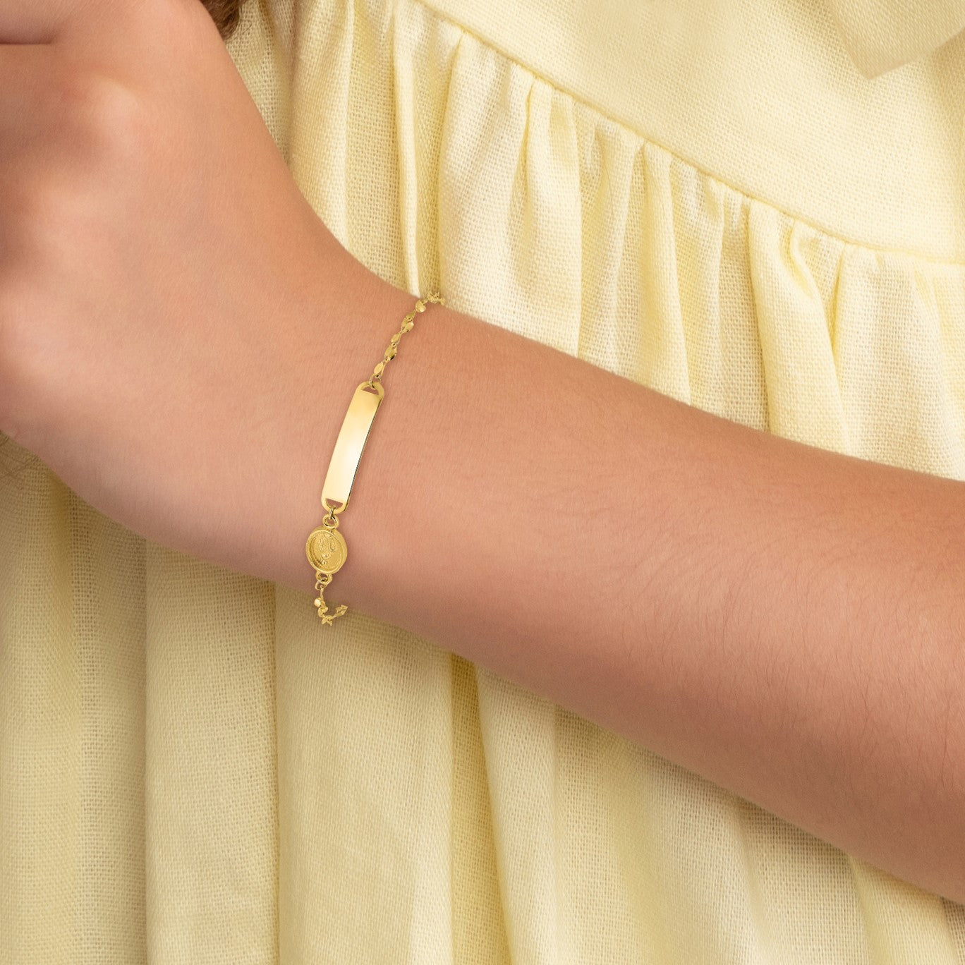 14K Polished Miraculous Medal and 19x4mm Plate 6 inch Baby/Child ID Bracelet