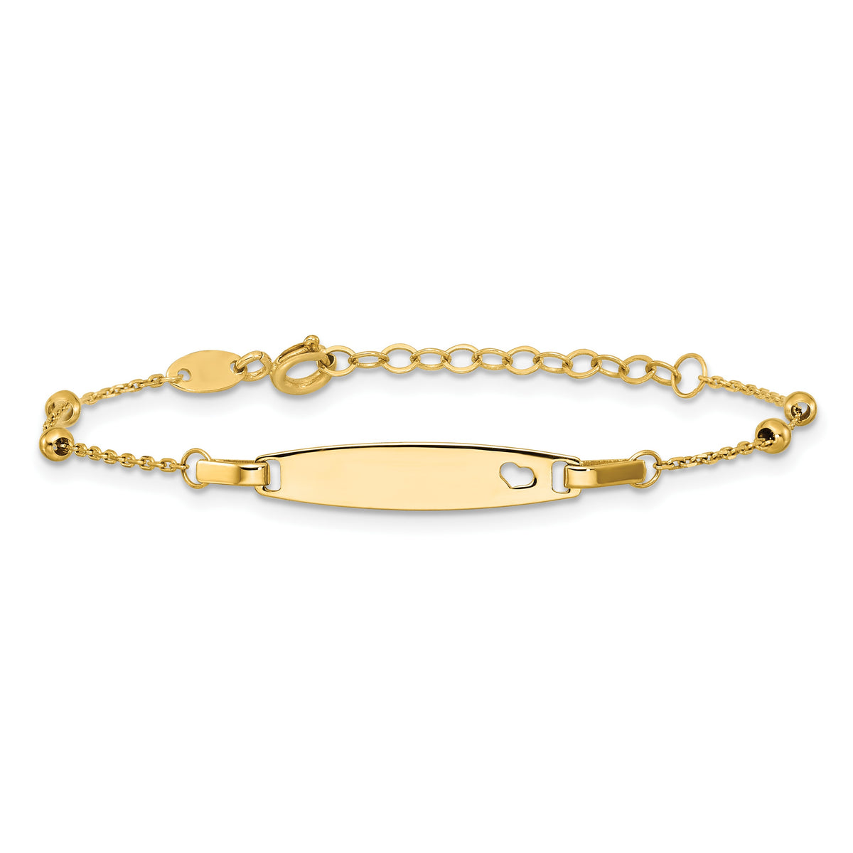 14K Polished Beaded Cut-out Heart 24x4.7mm Plate 5 inch with 1 inch Extender ID Bracelet