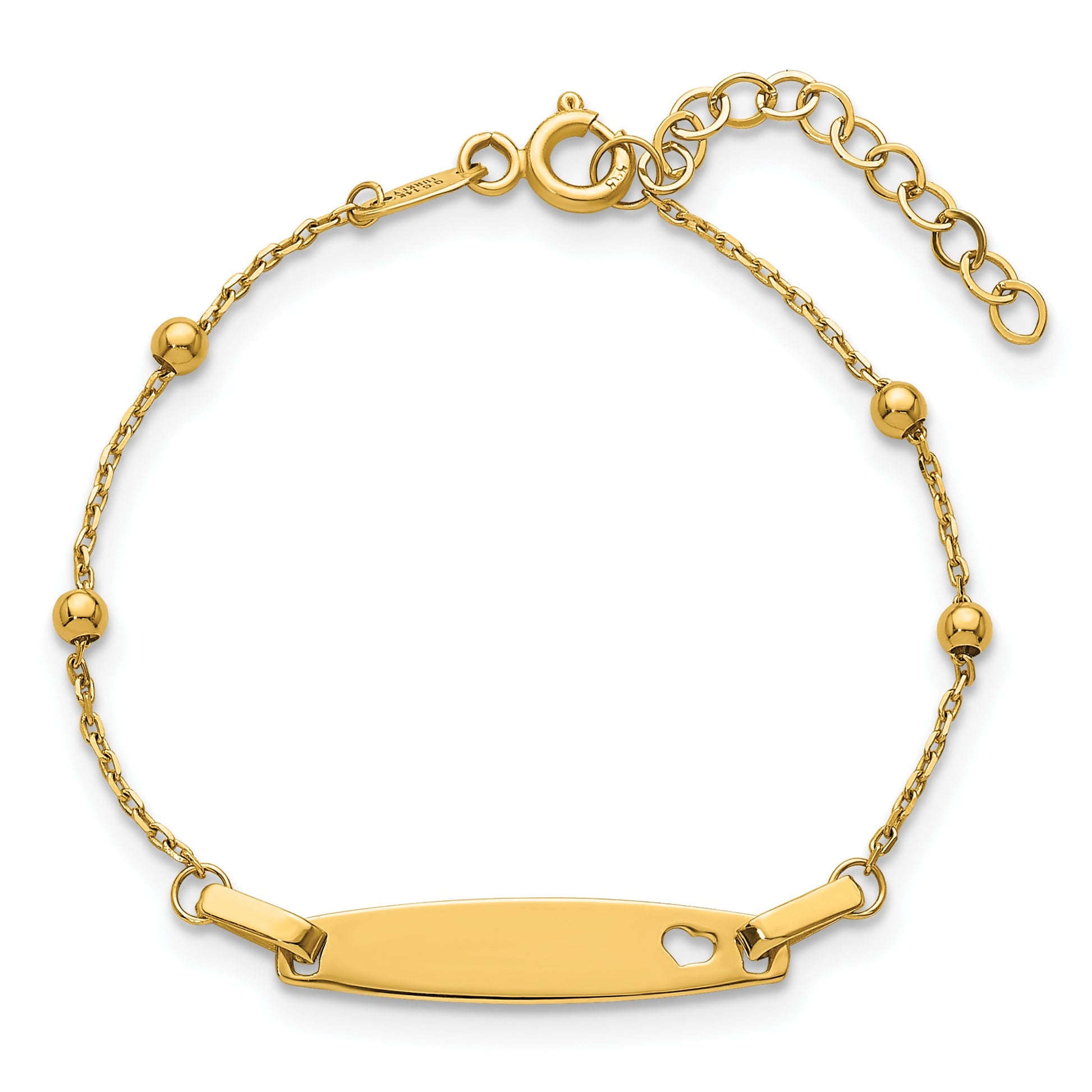 14K Polished Beaded Cut-out Heart 24x4.7mm Plate 5 inch with 1 inch Extender ID Bracelet