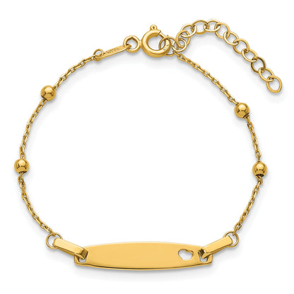 14K Polished Beaded Cut-out Heart 24x4.7mm Plate 5 inch with 1 inch Extender ID Bracelet
