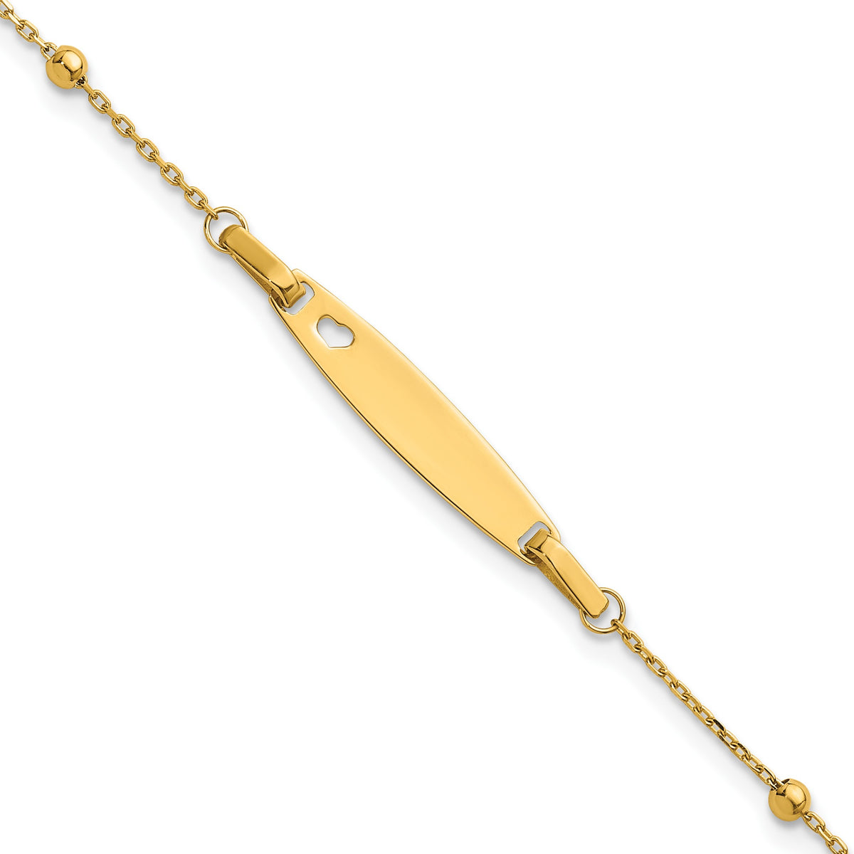 14K Polished Beaded Cut-out Heart 24x4.7mm Plate 5 inch with 1 inch Extender ID Bracelet