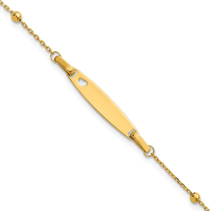 14K Polished Beaded Cut-out Heart 24x4.7mm Plate 5 inch with 1 inch Extender ID Bracelet