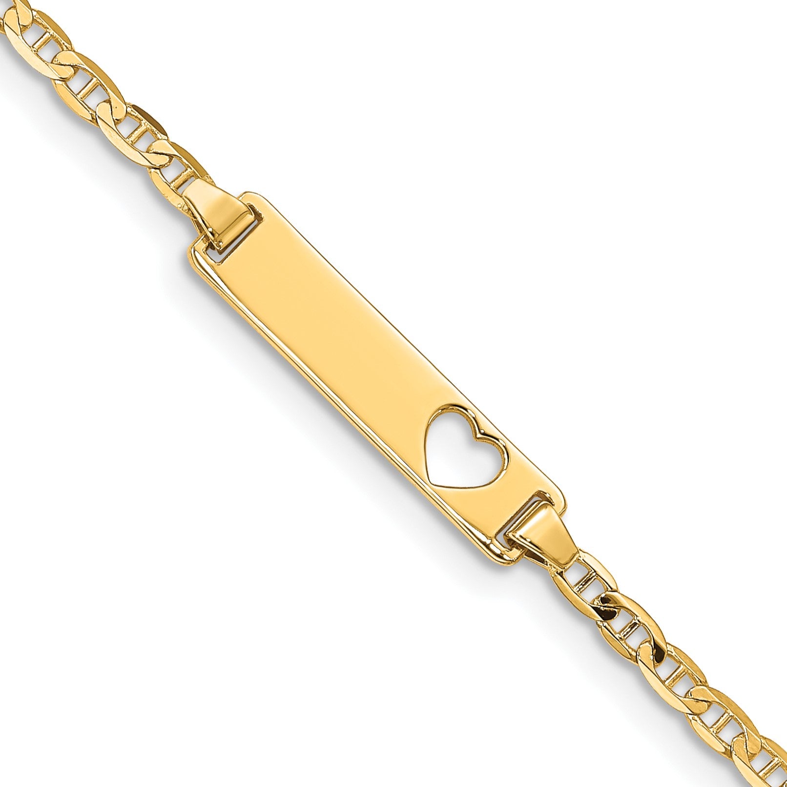 14k Polished Solid Chain/Solid Plate Anchor Link Cut-out Heart 21.5x4.8mm Plate 6 inch Baby/Child ID Bracelet