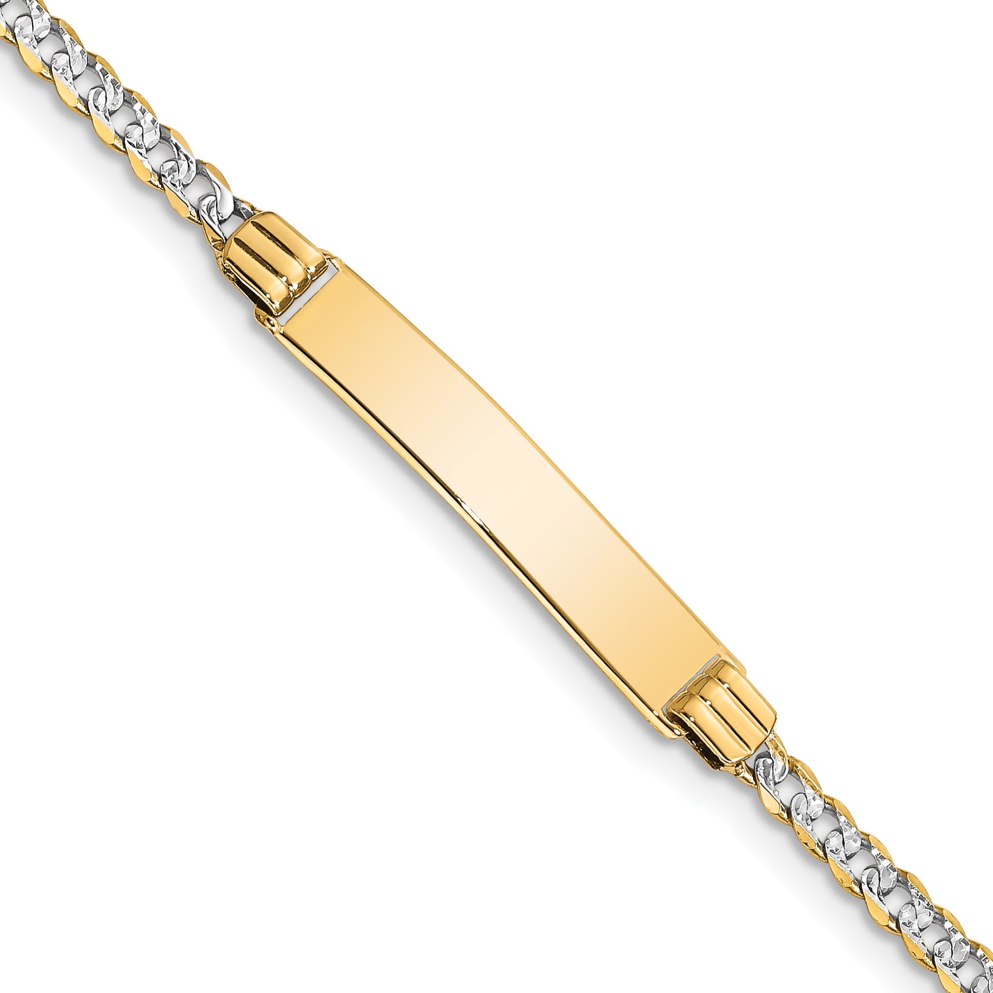 14k with Rhodium Polished Solid Chain/Solid Plate Pav� Curb Link 26x5mm Plate 6 inch Baby/Child ID Bracelet