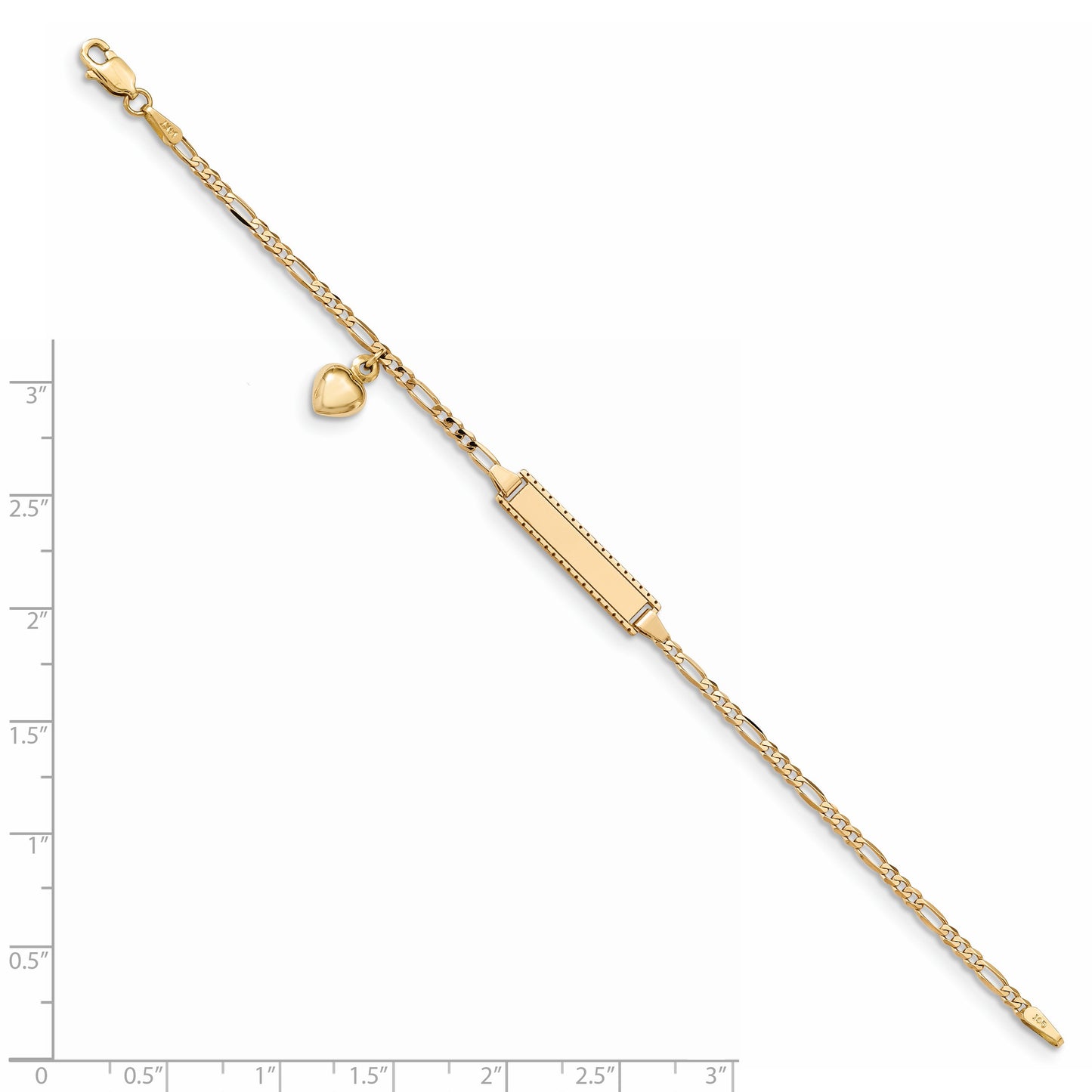 14k Polished Solid Chain/Solid Plate Heart Dangle Figaro Link 21x6mm Plate 6 inch Baby/Child ID Bracelet