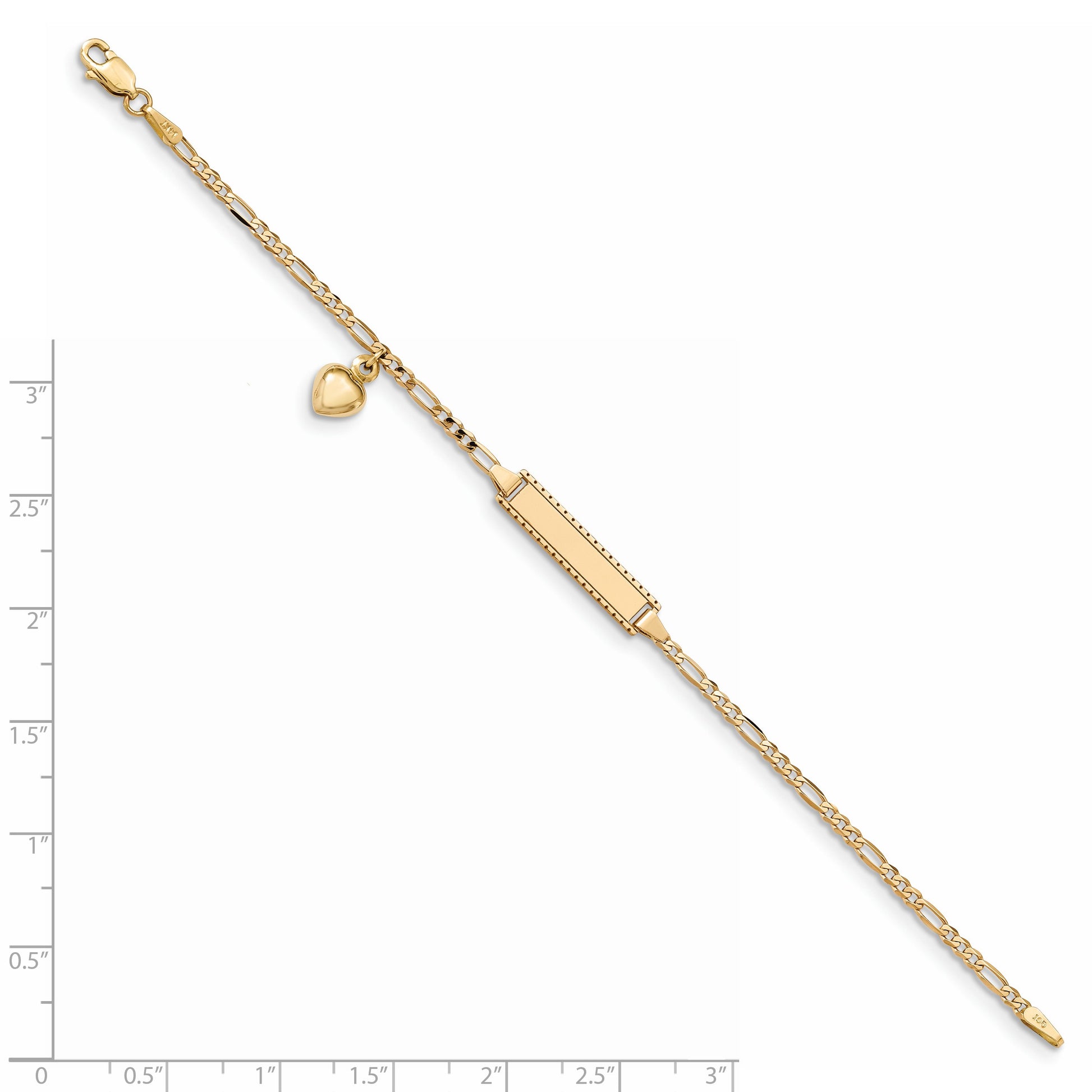14k Polished Solid Chain/Solid Plate Heart Dangle Figaro Link 21x6mm Plate 6 inch Baby/Child ID Bracelet