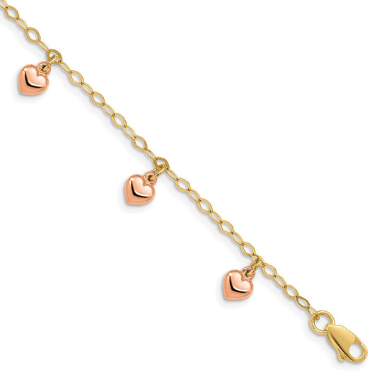 14K Yellow Gold with Rose Gold Hearts Child's Puffed Heart Charm Bracelet